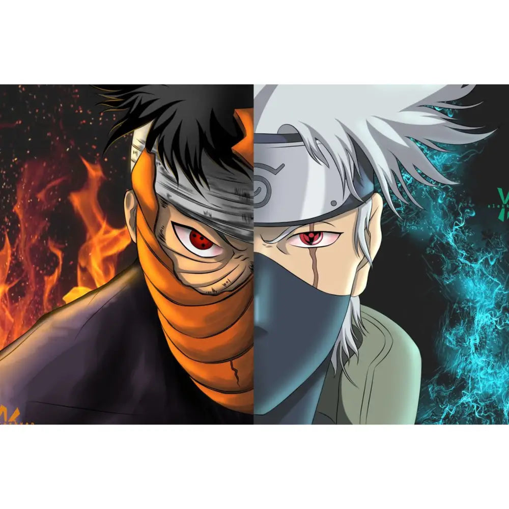Split anime artwork of Obito and Kakashi with Sharingan eyes, fire on one side and blue lightning energy on the other