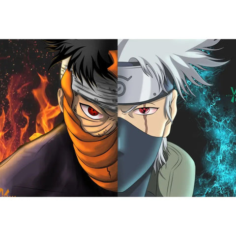 Split anime artwork of Obito and Kakashi with Sharingan eyes, fire on one side and blue lightning energy on the other