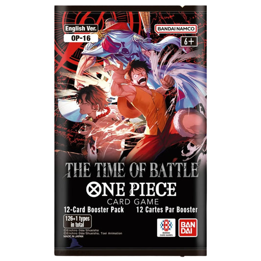 Front of a One Piece Card Game booster pack package, showing anime artwork with Luffy, Zoro, and other characters, plus text including 'The Time of Battle,' 'One Piece Card Game,' '12-card Booster Pack,' and Bandai/Namco branding.