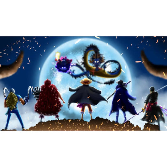 Cinematic anime artwork of characters standing before a glowing moon with floating energy effects, dramatic lighting, and fantasy atmosphere.
