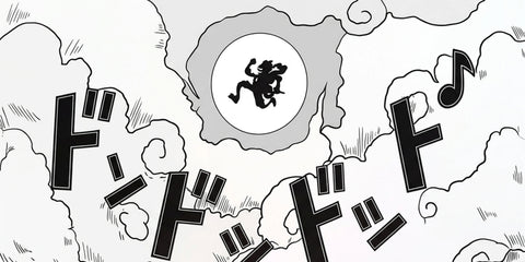 Minimalist One Piece Gear 5 Luffy mouse pad with cloud pattern and bold Japanese text on white background