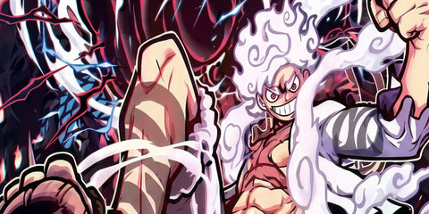 One Piece Gear 5 Luffy desk mat with lightning effects and dynamic anime artwork in red, black, and white