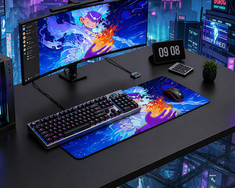 One Piece Gear 5 Luffy desk mat with glowing flame power artwork in cyberpunk gaming setup