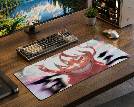 One Piece Gear 5 Luffy mouse pad, extended anime desk mat featuring glowing eyes and lightning effects, large gaming keyboard pad.