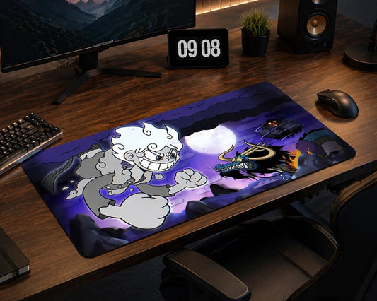One Piece Gear 5 Luffy vs Kaido desk setup with extended anime mouse pad, mechanical keyboard, monitor, and gaming workspace.