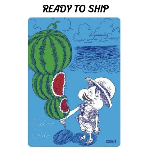 A rectangular illustrated print or card with rounded corners on a white background, featuring the text 'READY TO SHIP' above it. The artwork shows a cartoon character in a hat and outfit standing on blue water, holding a stack of watermelons against a light blue sky background.