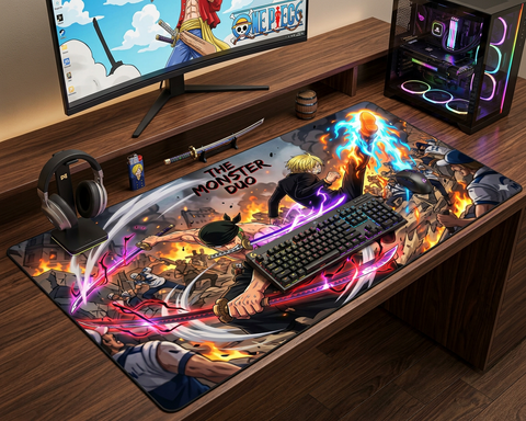 One Piece Monster Duo Zoro and Sanji battle scene mouse pad design with flames, swords, and action effects featuring anime combat artwork.