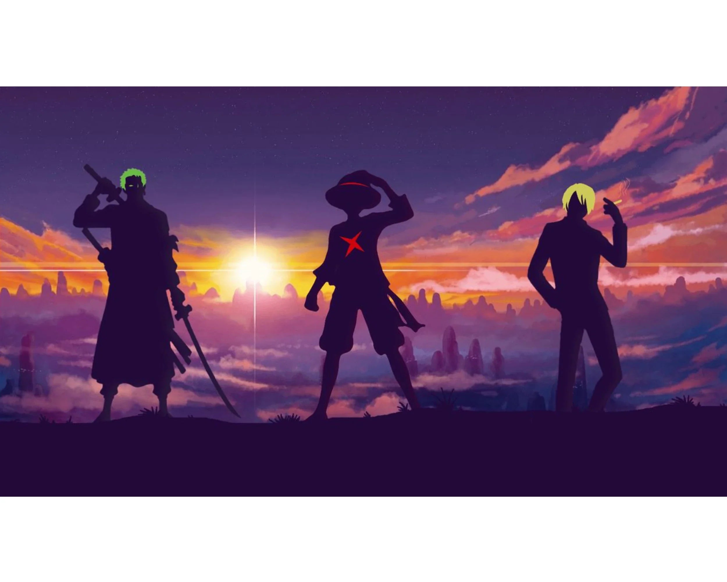 One Piece Monster Trio silhouette artwork featuring Luffy, Zoro, and Sanji standing at sunset with vibrant anime sky background.