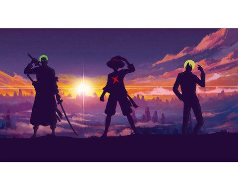 One Piece Monster Trio silhouette artwork featuring Luffy, Zoro, and Sanji standing at sunset with vibrant anime sky background.