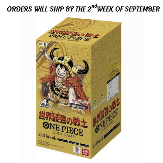 Enter the next chapter of the One Piece Card Game with the One Piece OP-17 The World's Strongest Warriors Booster Box (Japanese Version), featuring powerful new cards, stunning artwork, and exciting additions inspired by the world's mightiest pirates and warriors.
