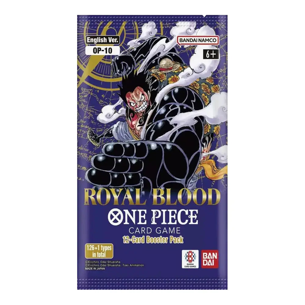 A sealed One Piece Card Game booster pack featuring the Royal Blood OP-10 artwork. The packaging is predominantly deep purple with gold lettering and detailed character art of Luffy in a black outfit with white clouds, with the Bandai Namco logos visible.