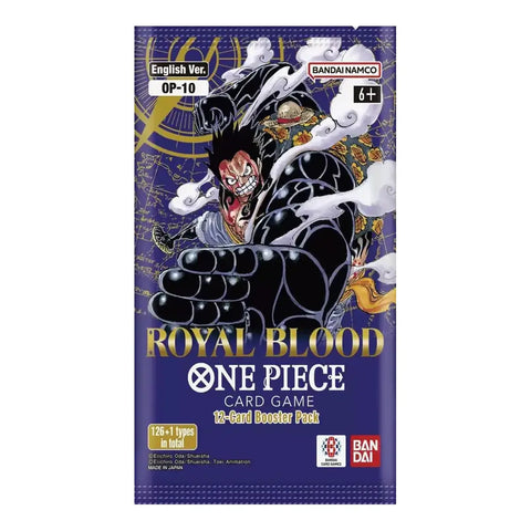 A sealed One Piece Card Game booster pack featuring the Royal Blood OP-10 artwork. The packaging is predominantly deep purple with gold lettering and detailed character art of Luffy in a black outfit with white clouds, with the Bandai Namco logos visible.