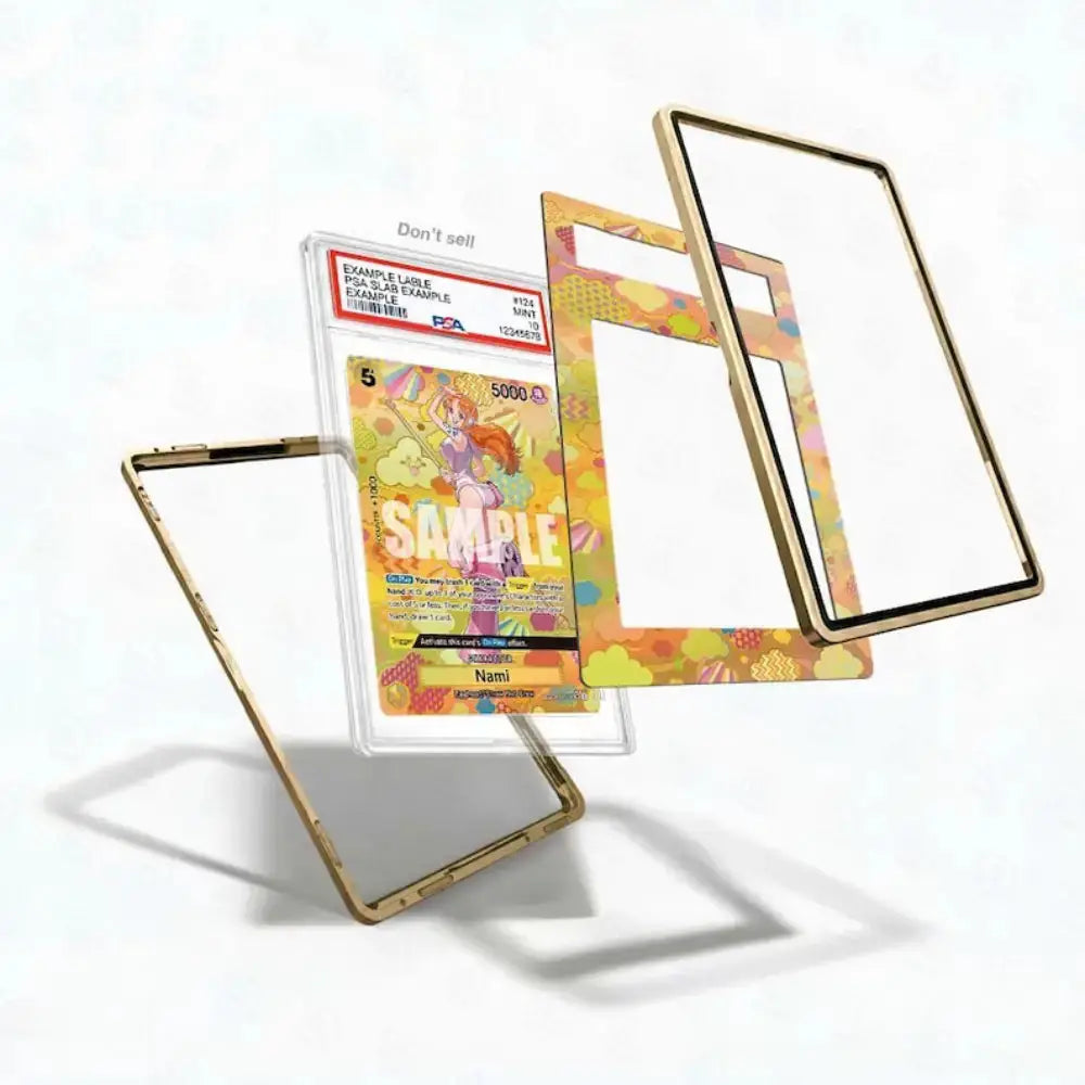 A clear acrylic card protector case with a gold-toned metal frame, shown disassembled with a sample Pokémon card inside and two separate frame pieces floating beside it on a white background.