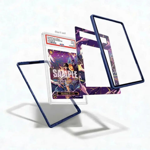 Three transparent acrylic card sleeves with dark blue borders are displayed floating around a graded sample collectible card in a clear PSA-style holder on a white background.