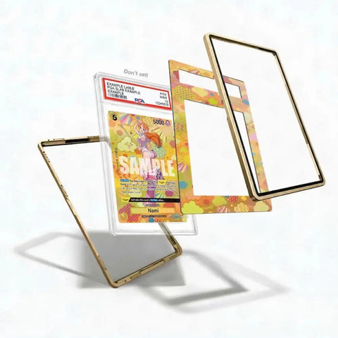 A clear acrylic card protector case with a gold-toned metal frame, shown disassembled with a sample Pokémon card inside and two separate frame pieces floating beside it on a white background.
