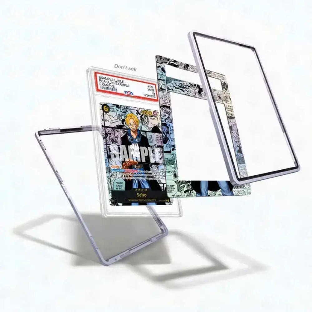 A clear acrylic tablet case shown disassembled with multiple transparent and patterned frame pieces floating against a white background. One piece displays a colorful comic book cover insert with the word 'SAMPLE' and a grading label at the top.