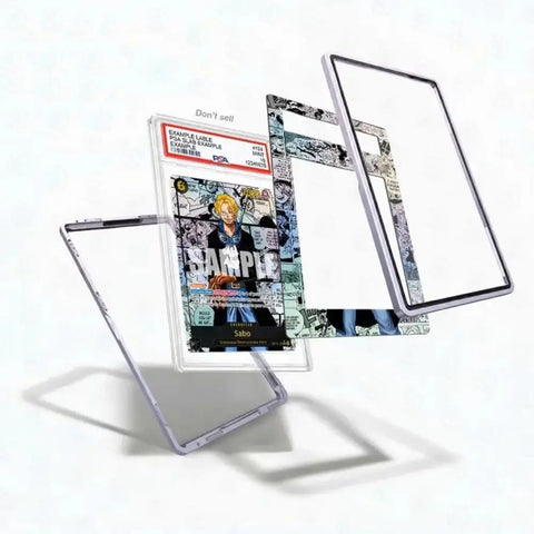 A clear acrylic tablet case shown disassembled with multiple transparent and patterned frame pieces floating against a white background. One piece displays a colorful comic book cover insert with the word 'SAMPLE' and a grading label at the top.