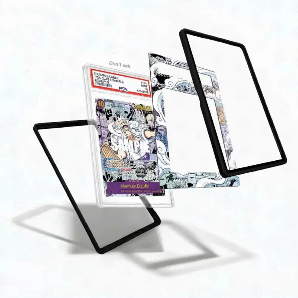 Card with character design and protective card holder on a white background