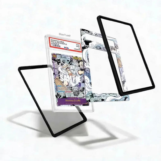 Card with character design and protective card holder on a white background