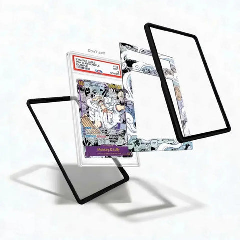 Card with character design and protective card holder on a white background