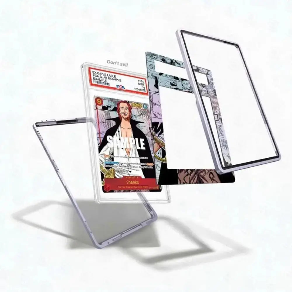 A transparent acrylic or glass frame accessory shown floating in three layered views against a white background, with a comic-style insert card visible in the center.