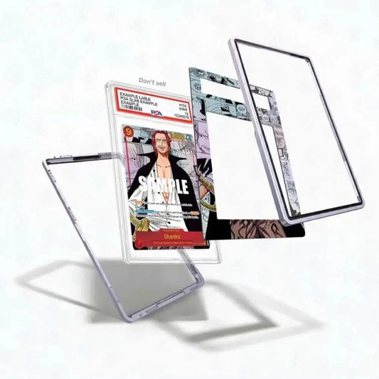A transparent acrylic or glass frame accessory shown floating in three layered views against a white background, with a comic-style insert card visible in the center.