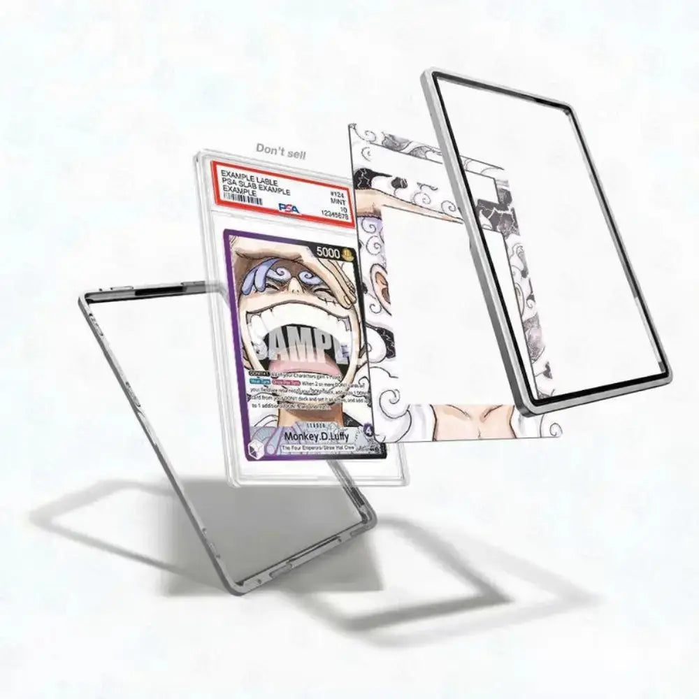 A clear acrylic tablet case with anime-style printed graphics, shown disassembled into its transparent back and printed front panel. A collectible graded card featuring Mickey O'Drury from One Piece is held inside the case to demonstrate scale and fit.