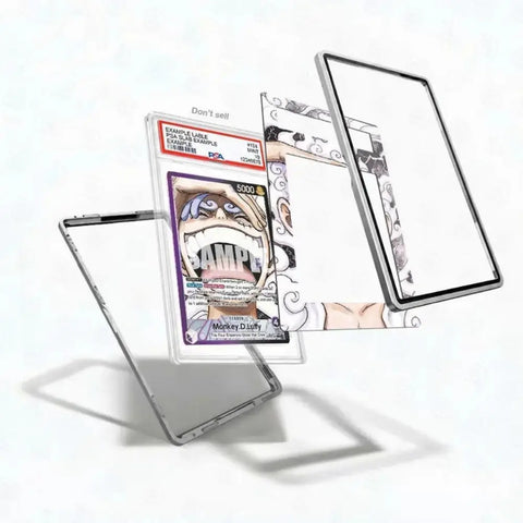 A clear acrylic tablet case with anime-style printed graphics, shown disassembled into its transparent back and printed front panel. A collectible graded card featuring Mickey O'Drury from One Piece is held inside the case to demonstrate scale and fit.