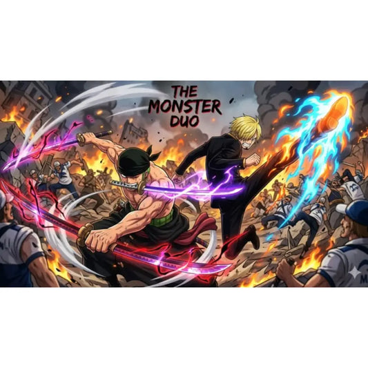Oversized One Piece Zoro and Sanji mouse pad with action battle design, mechanical keyboard and anime collectibles on desk.