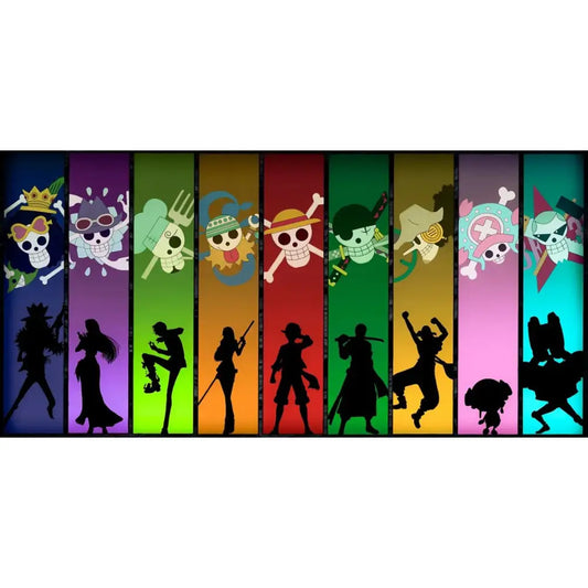 One Piece anime artwork featuring vertical rainbow panels with Straw Hat Pirates skull icons and character silhouettes in bold, colorful design.