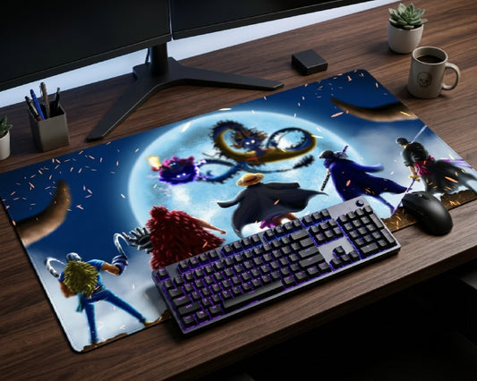 One Piece anime desk mat featuring Luffy and crew facing a glowing moon with dramatic night sky artwork on a dark wooden gaming desk setup with RGB keyboard