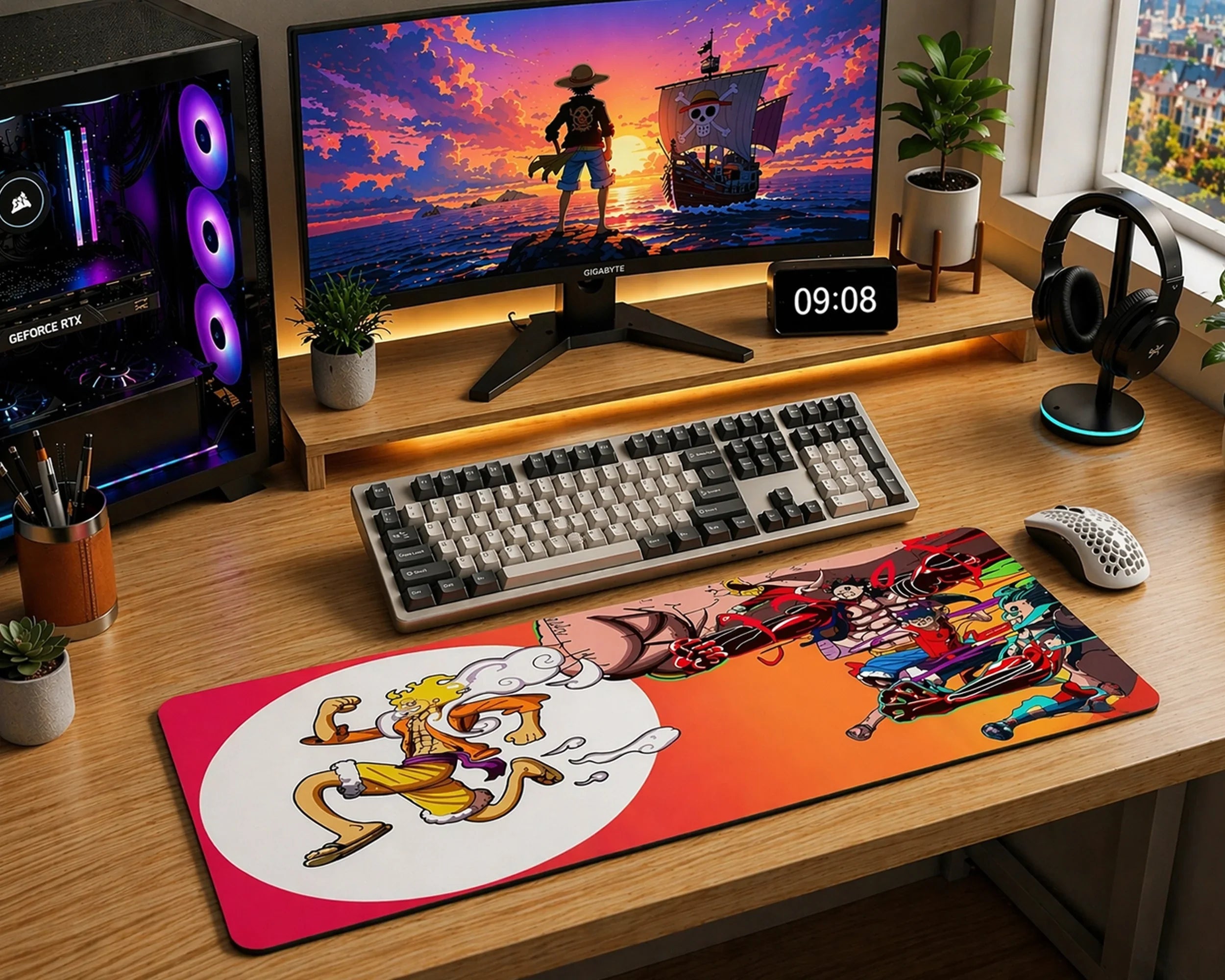 Anime gaming desk setup with One Piece mouse pad featuring Gear 5 Luffy, mechanical keyboard, RGB PC, and modern wooden workspace
