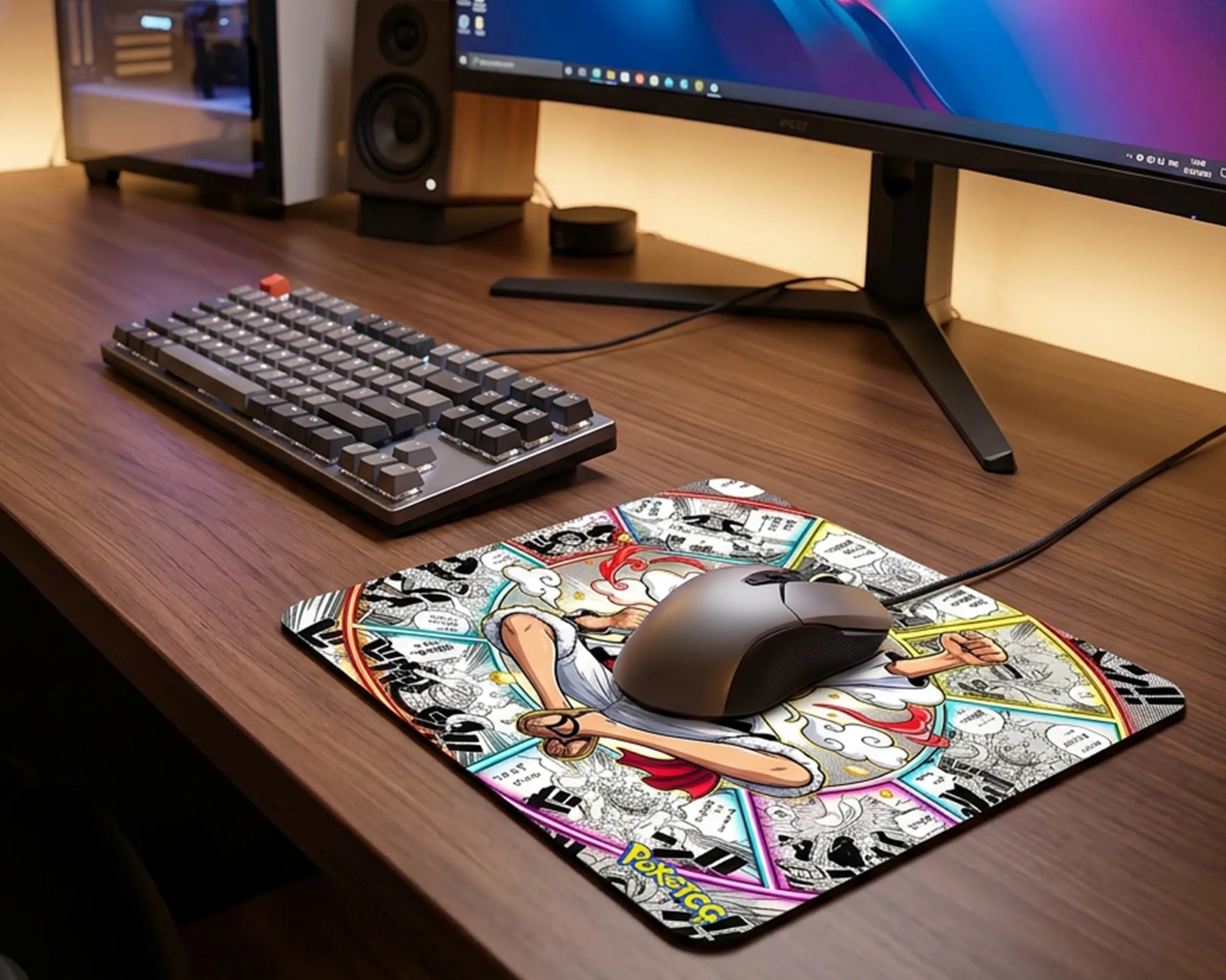 One Piece Gear 5 Luffy themed mouse pad with manga panel artwork on modern wooden gaming desk setup