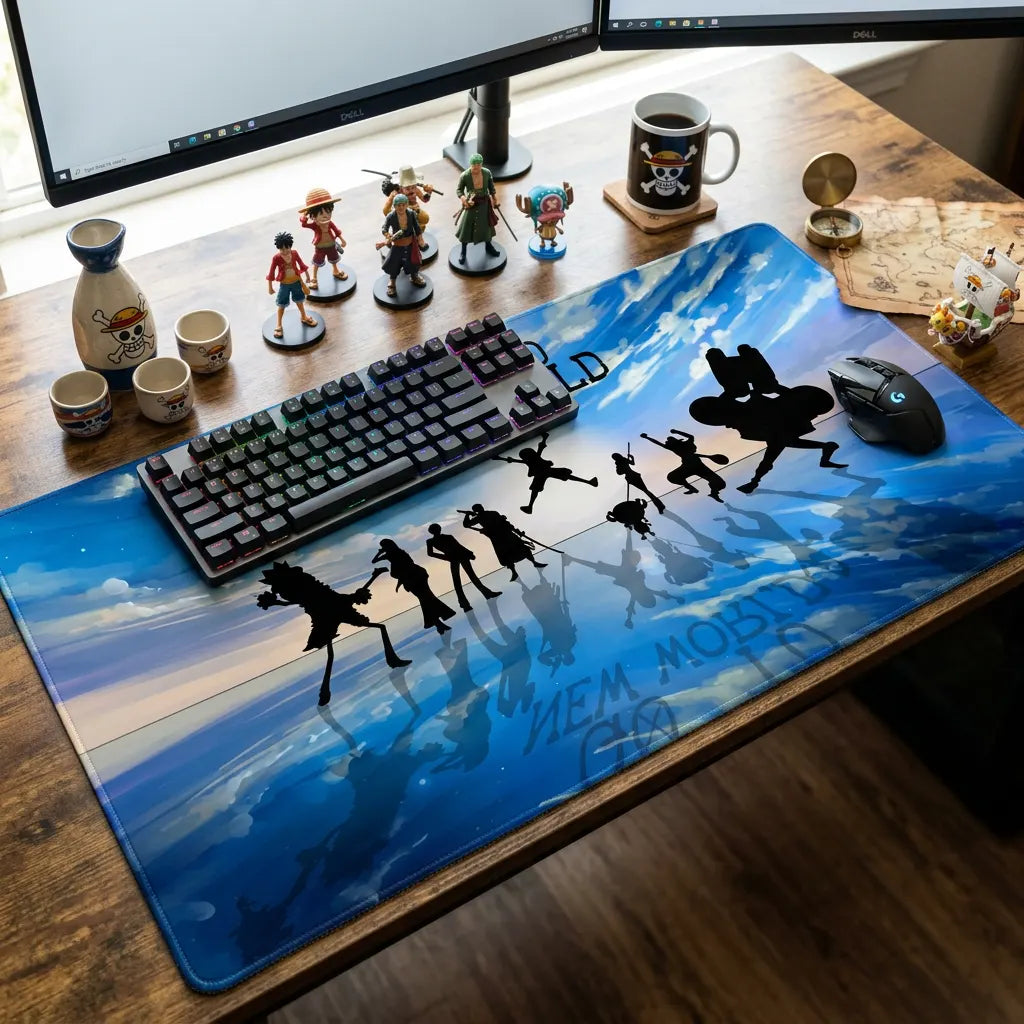 One Piece themed gaming desk setup with oversized blue sky desk mat, mechanical keyboard, gaming mouse, and anime figurines displayed on wooden desk.