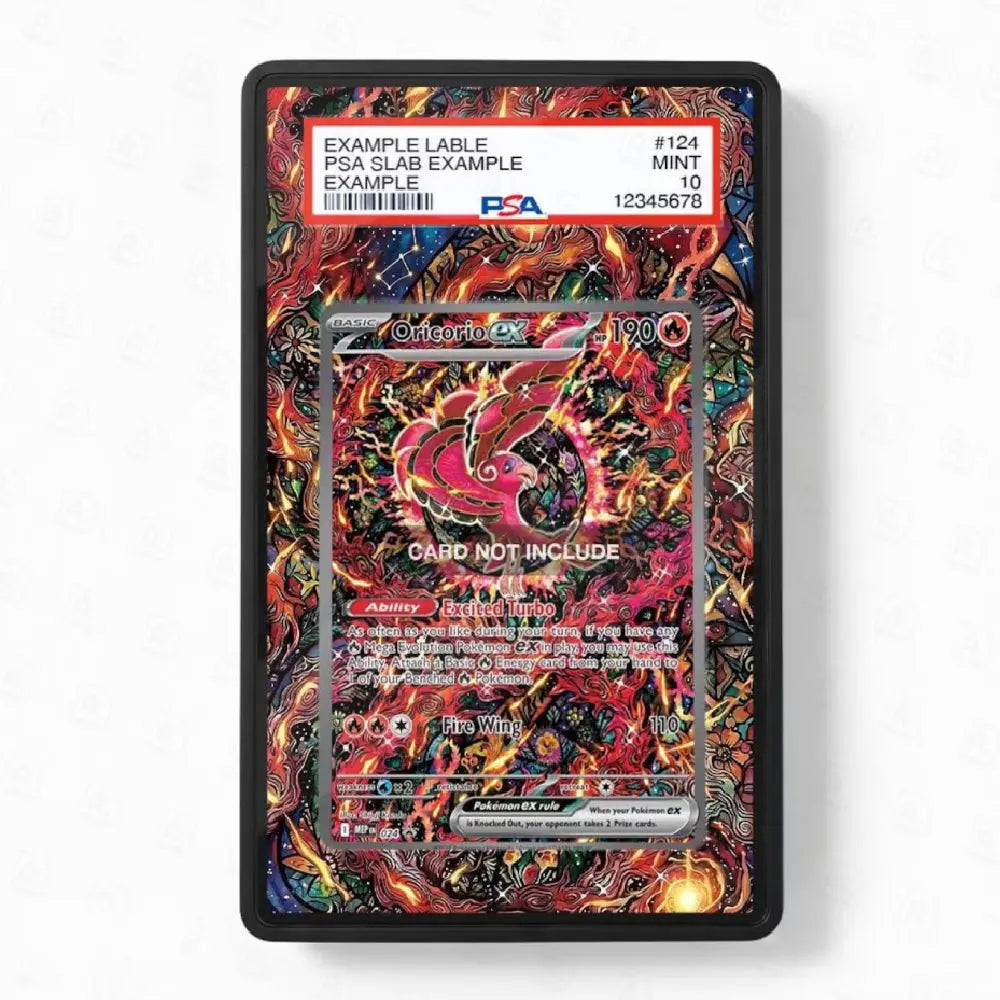 A PSA graded slat-card case featuring a highly detailed, multicolored abstract artwork with swirling red, orange, yellow, and black patterns. The top of the card has a white PSA label with a barcode and grading details, and the center contains a mock card with 'CARD NOT INCLUDE' text over a vibrant, fiery design.