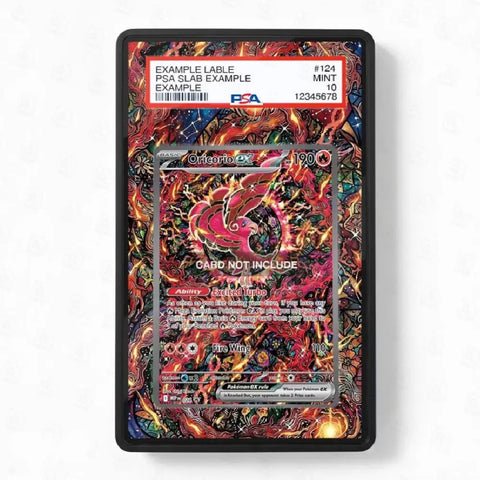 A PSA graded slat-card case featuring a highly detailed, multicolored abstract artwork with swirling red, orange, yellow, and black patterns. The top of the card has a white PSA label with a barcode and grading details, and the center contains a mock card with 'CARD NOT INCLUDE' text over a vibrant, fiery design.