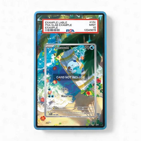 A PSA graded PSA Slab Example trading card slab with a holographic cover, featuring a Pokémon card design and a red PSA label at the top, shown on a white background.