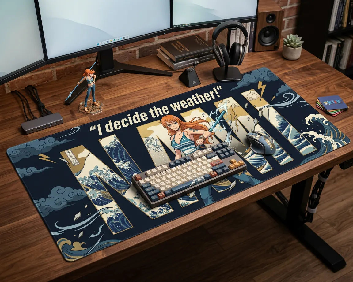 Oversized Nami anime mouse pad in gaming setup with dual monitors, RGB keyboard, headset, and detailed storm and lightning artwork.