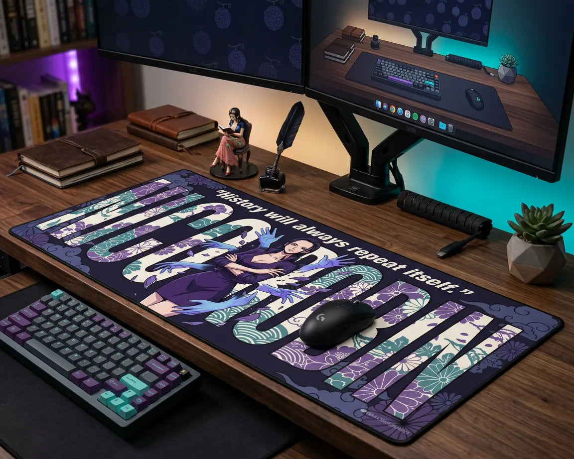 Oversized One Piece Nico Robin mouse pad on aesthetic gaming desk with RGB lighting, mechanical keyboard, and decorative accessories.