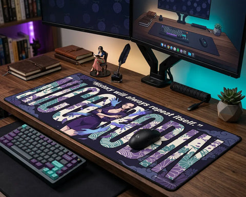 Oversized One Piece Nico Robin mouse pad on aesthetic gaming desk with RGB lighting, mechanical keyboard, and decorative accessories.