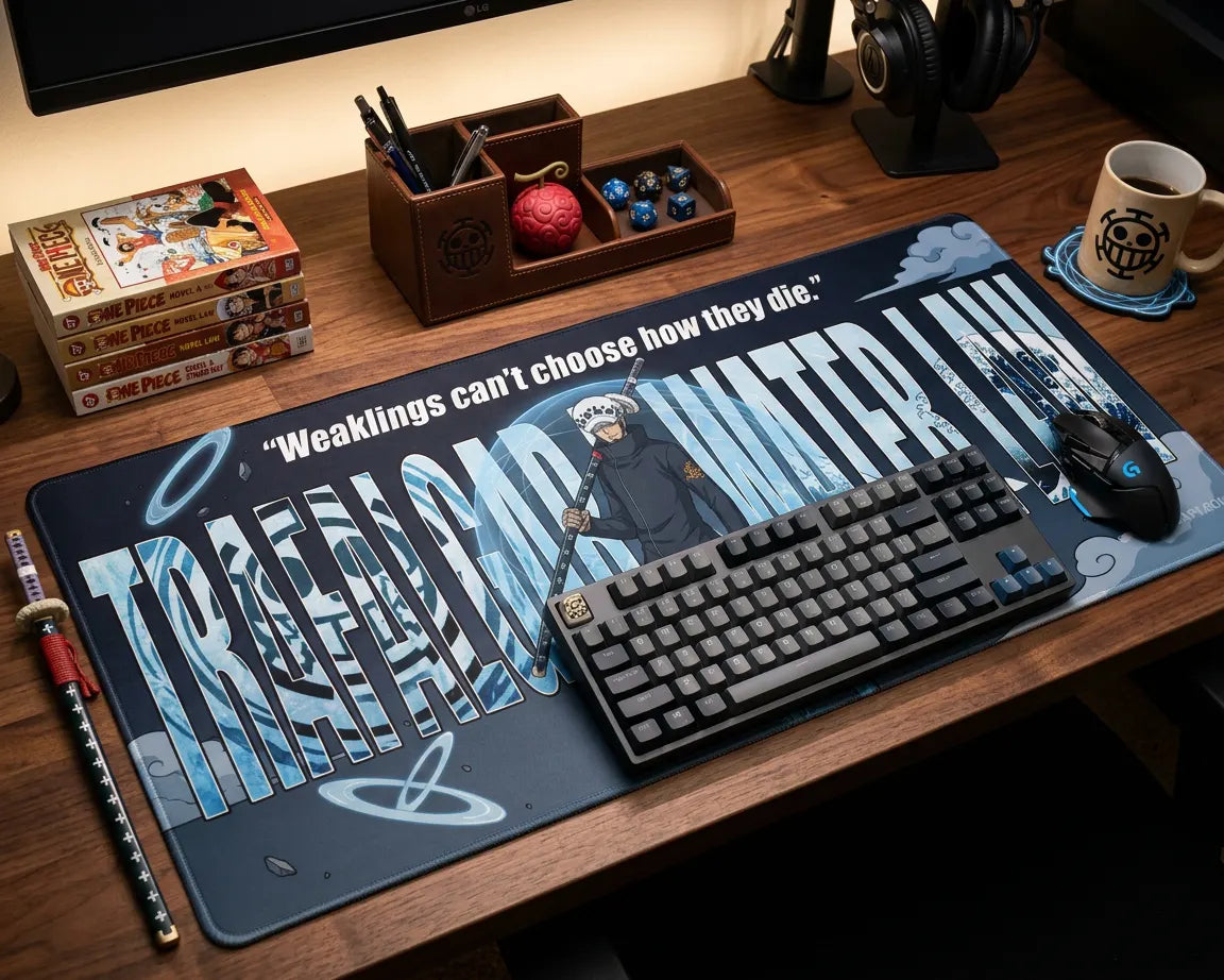 Oversized One Piece Trafalgar Law mouse pad with quote design, mechanical keyboard and mouse on aesthetic anime workspace.