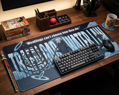 Oversized One Piece Trafalgar Law mouse pad with quote design, mechanical keyboard and mouse on aesthetic anime workspace.