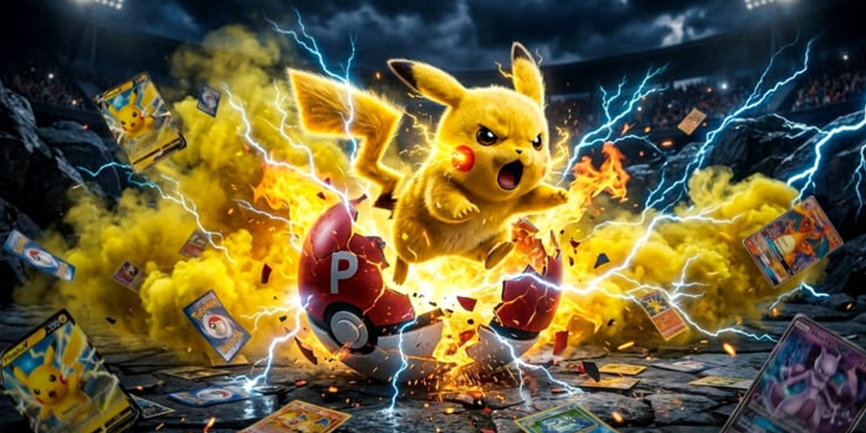 A dramatic digital artwork of Pikachu surrounded by lightning and explosions, with cracked Pokéball eggs and scattered Pokémon trading cards in a dark arena-like setting.