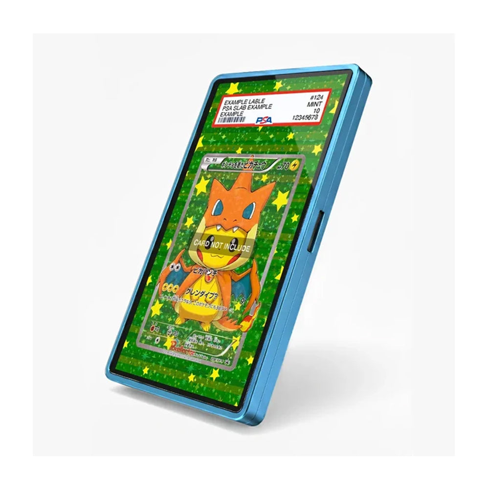 Japanese Pikachu promo card featuring the Charizard Y poncho design displayed in an extended art collector case