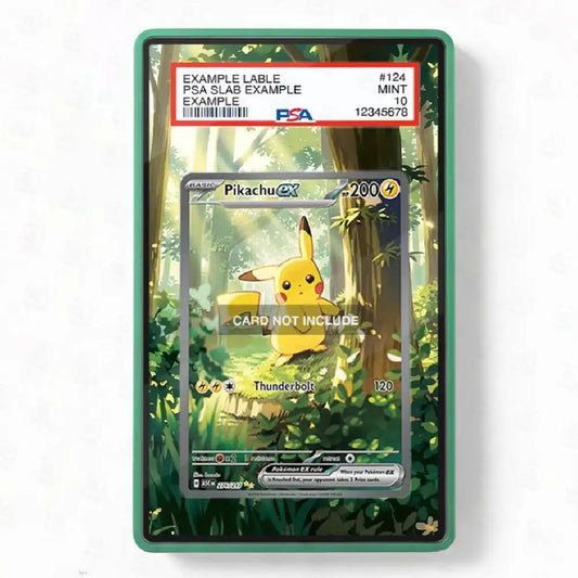 Pokémon trading card featuring Pikachu in a forest design with a PSA slab label on top.