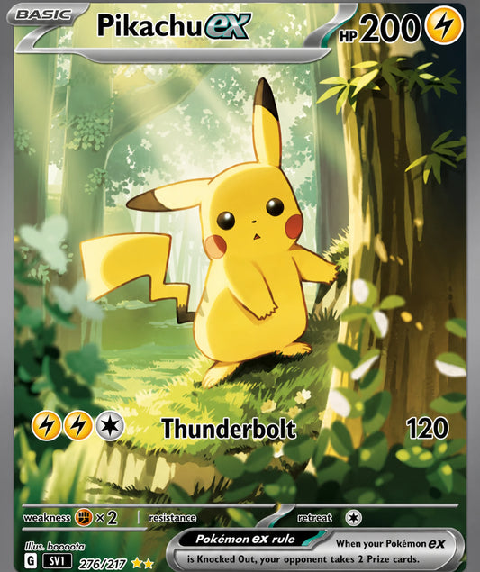 Close-up Pikachu EX trading card inspired artwork with Pikachu standing in a glowing forest scene using Thunderbolt attack