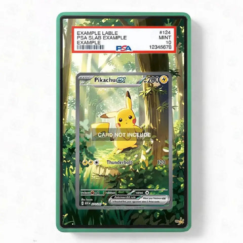 Pokémon trading card featuring Pikachu in a forest design with a PSA slab label on top.