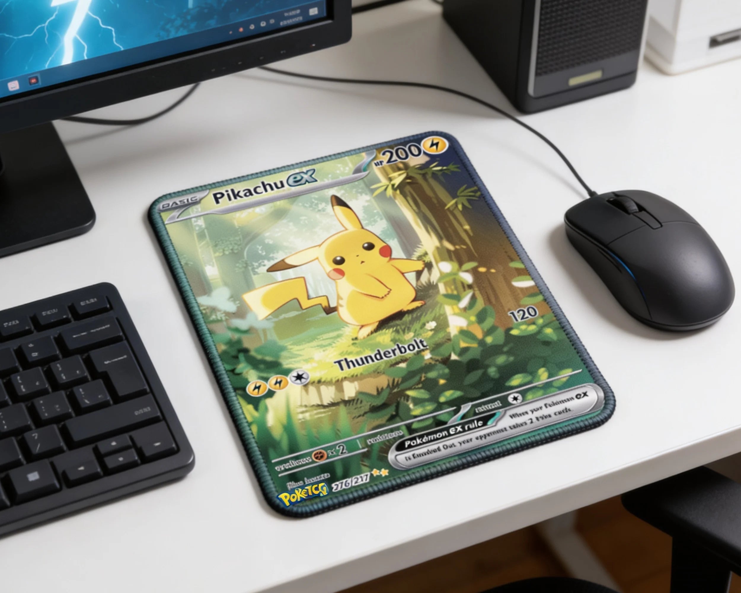 Pikachu EX trading card style mouse pad on minimalist white gaming desk with black keyboard and wireless mouse