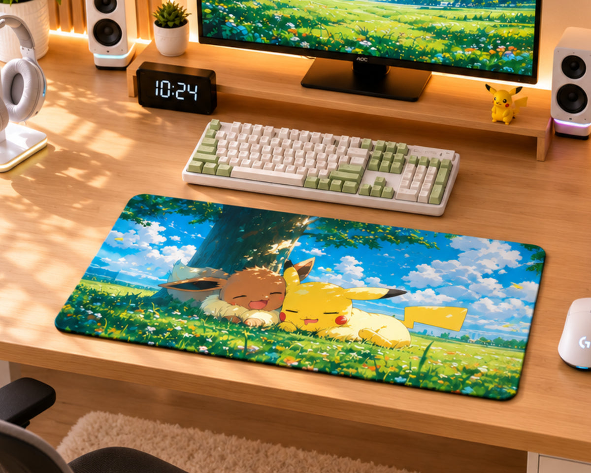 Pikachu & Eevee Anime Gaming Mouse Pad Cozy Forest Adventure Design