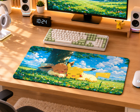 Pikachu & Eevee Anime Gaming Mouse Pad Cozy Forest Adventure Design